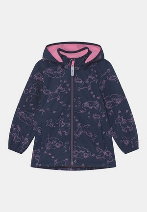 Marineblå jakke med lyserødt for, prydet med et mønster af enhjørningeskyer i lyserød. Inkluderer hætte og frontlynlås.