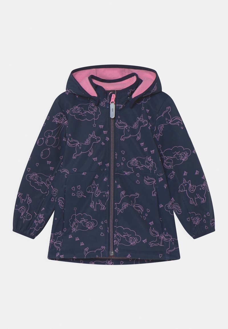 Veste marine avec intérieur rose, présentant un motif de licorne parmi des nuages en rose clair. Comprend une capuche et une fermeture éclair frontale.