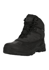 Stivali da trekking neri impermeabili con design a caviglia alta, suola in gomma texturizzata e punta rinforzata, dotati di chiusura con lacci e upper con motivo.