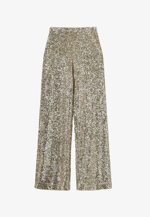 Glanzende wijde broek van paillettenstof, met een hoge taille en een schitterend kleurpatroon in goud en zilver.