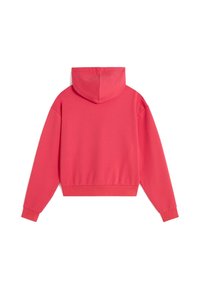 Sweat à capuche rouge à manches longues, poignets et ourlet élastiques, montré de dos sur fond blanc.
