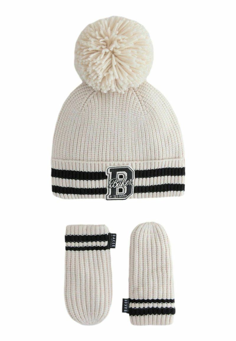Strickmütze in Off-White mit einem Bommel, schwarzem gestreiftem Band und Logo-Patch. Passendes Paar Strickhandschuhe in Off-White mit schwarzen Streifen.