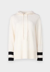 Krémová mikina s ribovaným lemom a čiernymi pruhovanými manžetami, s kapucňou na šnúrku a mäkkou textúrou. Ľahký pletený dizajn.