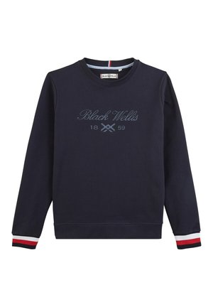 Sweatshirt marine en tissu doux, doté de manches longues, d'un col rond et d'un design de logo sur le devant avec des accents rayés rouges et blancs sur les poignets.