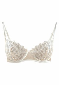 Satin-BH mit Spitzenrand in Creme, floralem Stickmuster, durchsichtigen Cups und weichem Unterband. Verstellbare Träger für eine angepasste Passform.