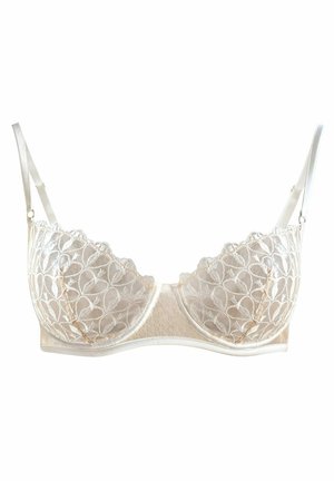 Satin-BH mit Spitzenrand in Creme, floralem Stickmuster, durchsichtigen Cups und weichem Unterband. Verstellbare Träger für eine angepasste Passform.