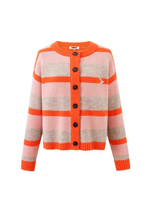 Geknoopte cardigan met brede horizontale strepen in roze, beige en fel oranje, voorzien van een klein geborduurd logo op de borst.