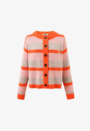 Knopfstrickjacke mit breiten horizontalen Streifen in Pink, Beige und leuchtendem Orange, mit einem kleinen gestickten Logo auf der Brust.