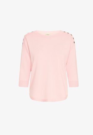 Light pink, knitted sweater with three-quarter sleeves. Features round neckline and decorative dark buttons on the shoulder.