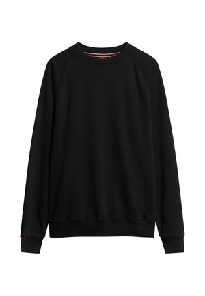 Sudaderas negras con cuello redondo, puños y dobladillo acanalados. Presenta mangas raglán y un pequeño logo en el pecho. Textura suave.