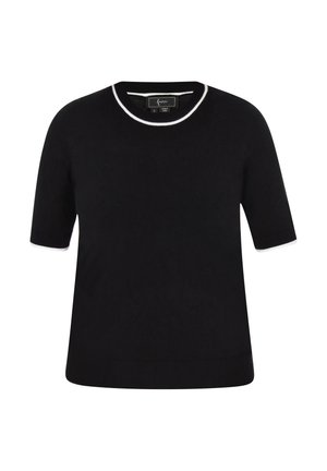 Juodas trumpų rankovių megztinis su apvaliu kaklu ir baltu apvadu. Minkšta tekstūra, laisvas kirpimas ir jokių matomų raštų ar akcentų.