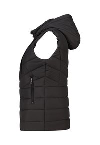 Zwart mouwloos puffer vest met capuchon, voorzien van een met rits afsluitbare zijzak, een geborduurd ontwerp en een gladde textuur.