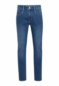Jeans de mezclilla azul con corte recto, cinco bolsillos y cierre de botones. La tela es suave con acentos de costura sutiles.