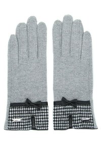 Guanti lavorati a maglia grigi con un accento in bianco e nero a motivo Houndstooth all'altezza del polso, rifiniti con un piccolo fiocco nero e un elegante bordo nero.