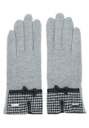 Guanti lavorati a maglia grigi con un accento in bianco e nero a motivo Houndstooth all'altezza del polso, rifiniti con un piccolo fiocco nero e un elegante bordo nero.