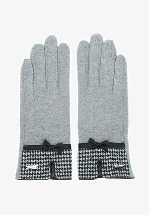 Graue gestrickte Handschuhe mit einem schwarz-weißen Hahnentritt-Akzent am Handgelenk, verziert mit einer kleinen schwarzen Schleife und einem eleganten schwarzen Rand.