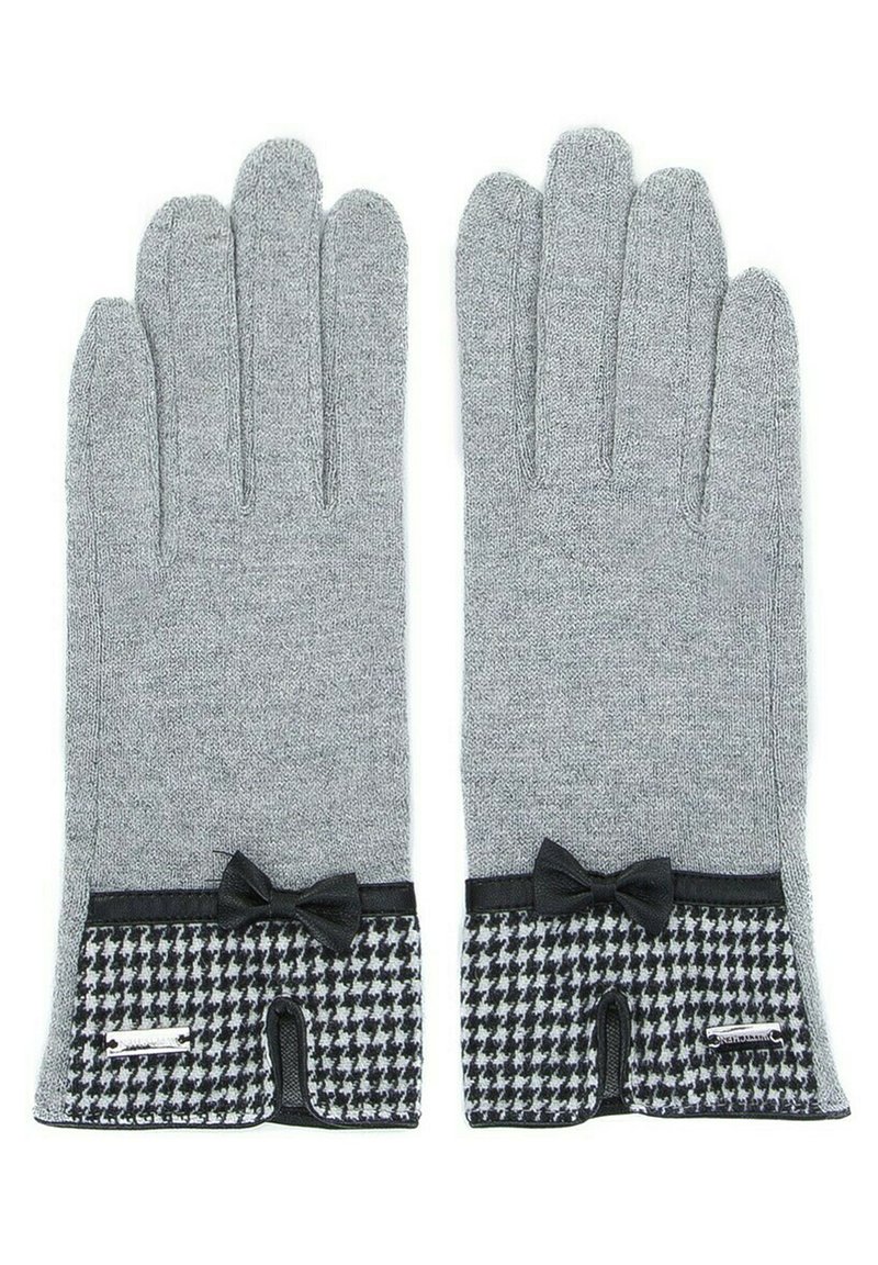 Guanti lavorati a maglia grigi con un accento in bianco e nero a motivo Houndstooth all'altezza del polso, rifiniti con un piccolo fiocco nero e un elegante bordo nero.