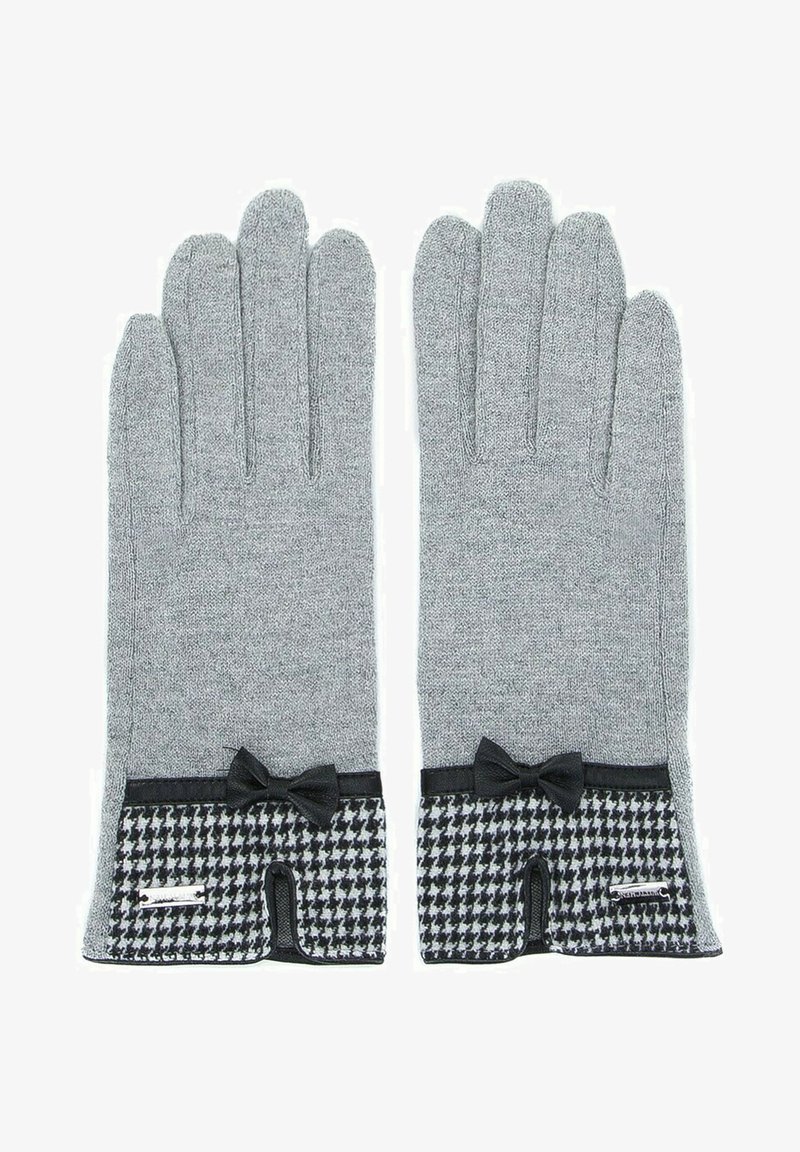 Gray knitted gloves featuring a black and white houndstooth accent at the wrist, finished with a small black bow and sleek black trim.