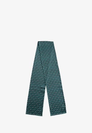 Grüner Seidenschal mit kleinen, sich wiederholenden Blumenmustern in Weiß und Rot, flach auf einem weißen Hintergrund ausgelegt.