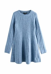 Hellblaues, kabelgestricktes Sweatshirt mit langen Ärmeln, rundem Ausschnitt und ausgestelltem Saum. Weiche Textur mit erhabenen Mustern über die gesamte Oberfläche.