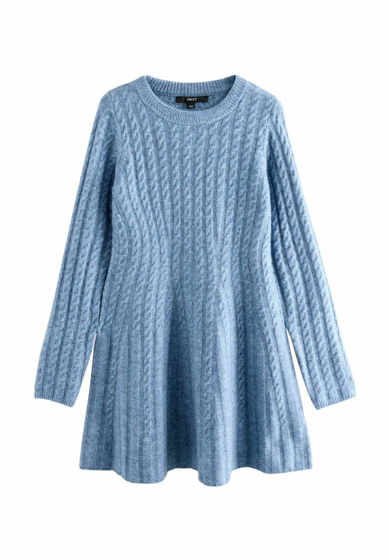 Hellblaues, kabelgestricktes Sweatshirt mit langen Ärmeln, rundem Ausschnitt und ausgestelltem Saum. Weiche Textur mit erhabenen Mustern über die gesamte Oberfläche.