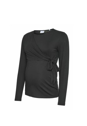 Haut de maternité noir à manches longues avec un design croisé et un nœud à l'avant, fabriqué à partir d'un tissu doux, idéal pour le confort et l'ajustement pendant la grossesse.