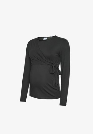 Črna dolga rokavična majica za nosečnice z zavitim dizajnom in sprednjim vezanjem, izdelana iz mehkega teksila, primerna za udobje in prileganje med nosečnostjo.