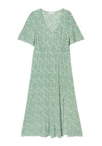 Zielona kwiatowa sukienka w stylu wrap z krótkimi rękawami, dekoltem w serek, zaciśniętą talią, zwiewnym dołem, białymi wzorami kwiatowymi oraz rozcięciem z boku.