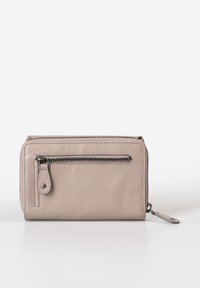 Beige leather wallet with a textured surface, features a front zip pocket, and a side zipper. Compact rectangular shape.
