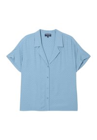 Camisa de manga corta azul claro hecha de una tela texturada. Presenta un corte relajado, collar y cierre de botones en el frente.