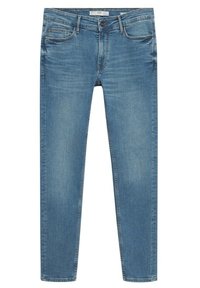 Jeans de denim azul de corte slim, con un acabado desgastado, diseño de cinco bolsillos y cierre de cremallera. Detalles cosidos en los bolsillos y las costuras.
