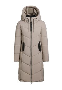 Hellbeige gepolsterter Mantel mit einer großen Kapuze, schwarzem Reißverschluss und seitlichen Taschen. Verfügt über Zickzacknaht und eine strukturierte Oberfläche.