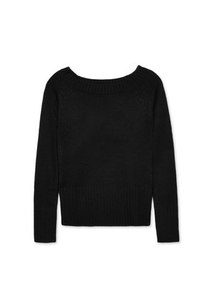 Suéter negro de punto con un cuello redondeado ancho, mangas largas y puños y dobladillo acanalados. Textura suave y diseño ajustado.