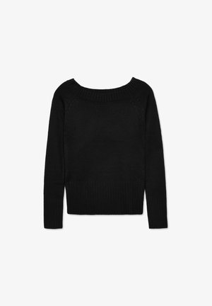 Suéter negro de punto con un cuello redondeado ancho, mangas largas y puños y dobladillo acanalados. Textura suave y diseño ajustado.