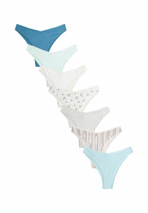 Sieben Bikini-Unterhosen für Damen in verschiedenen Farben und Mustern, diagonal auf weißem Hintergrund angeordnet.