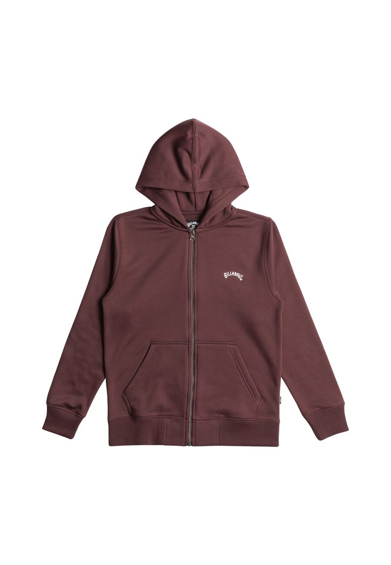 Felpa con zip color bordeaux realizzata in tessuto morbido; presenta un cappuccio, tasche frontali, polsini a coste e un piccolo logo bianco sul petto.