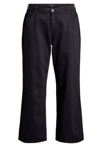 Mustat farkut suoran lahkeiden muotoilulla, jossa on nappisuljin, viisi taskua ja kontrastipistoja. Rakenne kuitukankaasta.