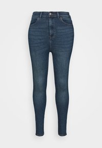 Mörkblå högmidjade skinny jeans med knapp- och dragkedjestängning, framfickor samt subtil blekning på låren och knäna.