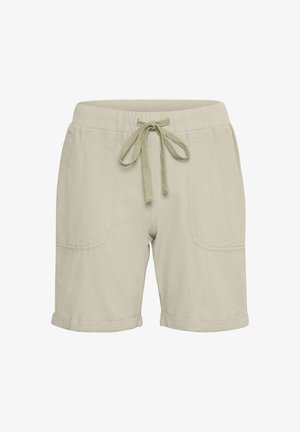 Világos bézs színű rövidnadrág, zsinóros derékkal, két oldalsó zsebbel és felgörgőtt szegélyekkel. Puha, texturált anyagból készült.