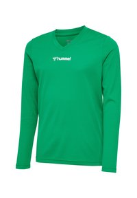 Langarm-Sportshirt mit V-Ausschnitt in leuchtendem Grün mit strukturiertem Design. Mit einem weißen Logo auf der Brust. Hergestellt aus atmungsaktivem Material.