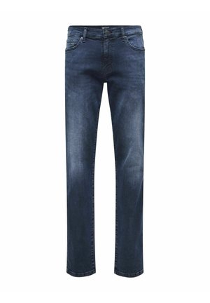 Mörkblå jeans i denim med rak benform, framfickor och subtil blekning. Klassisk femficksdesign med midja.