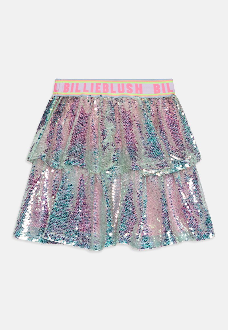 Gestufter Paillettenrock mit schimmernden rosa und blauen Farben, ausgestattet mit einem breiten elastischen Bund mit "BILLIEBLUSH" Branding.
