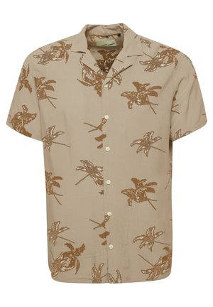 Lühikeste varrukatega beež särk pruunide lillemustritega, nööpide sulgemisega ja vabalt langeva kraega. Valmistatud pehmest kangast, millel on sile tekstuur.