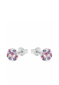 Pendientes de plata con un diseño redondo, decorados con cristales rosa, púrpura y transparentes dispuestos en un patrón agrupado.