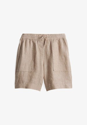 Beige linnen shorts met een elastische tailleband, verstelbaar trekkoord en twee voorzakken. Gladde textuur met een lichte, ademende uitstraling.