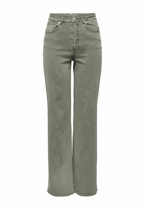 Jean vert taille haute à jambe droite avec bouton avant, fermeture éclair et design à cinq poches, présenté sur un fond blanc.