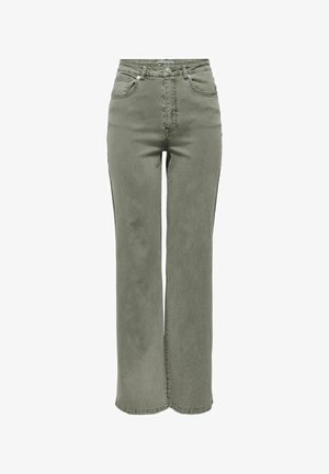 Groene jeans met hoge taille en rechte pijpen, voorzien van een knoop- en ritssluiting aan de voorkant en een ontwerp met vijf zakken, weergegeven op een witte achtergrond.