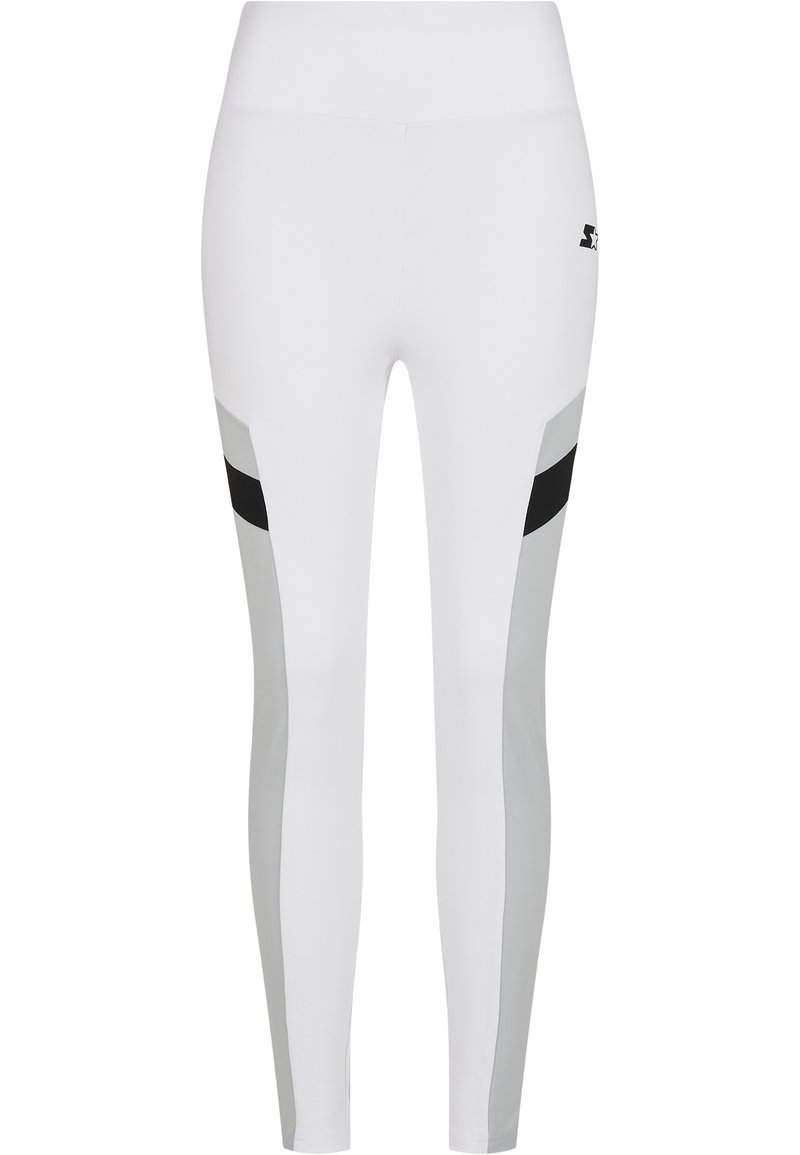 Leggings blancs avec des panneaux latéraux gris et noirs, au design épuré et à la coupe ajustée. Texture lisse, idéaux pour le sport.