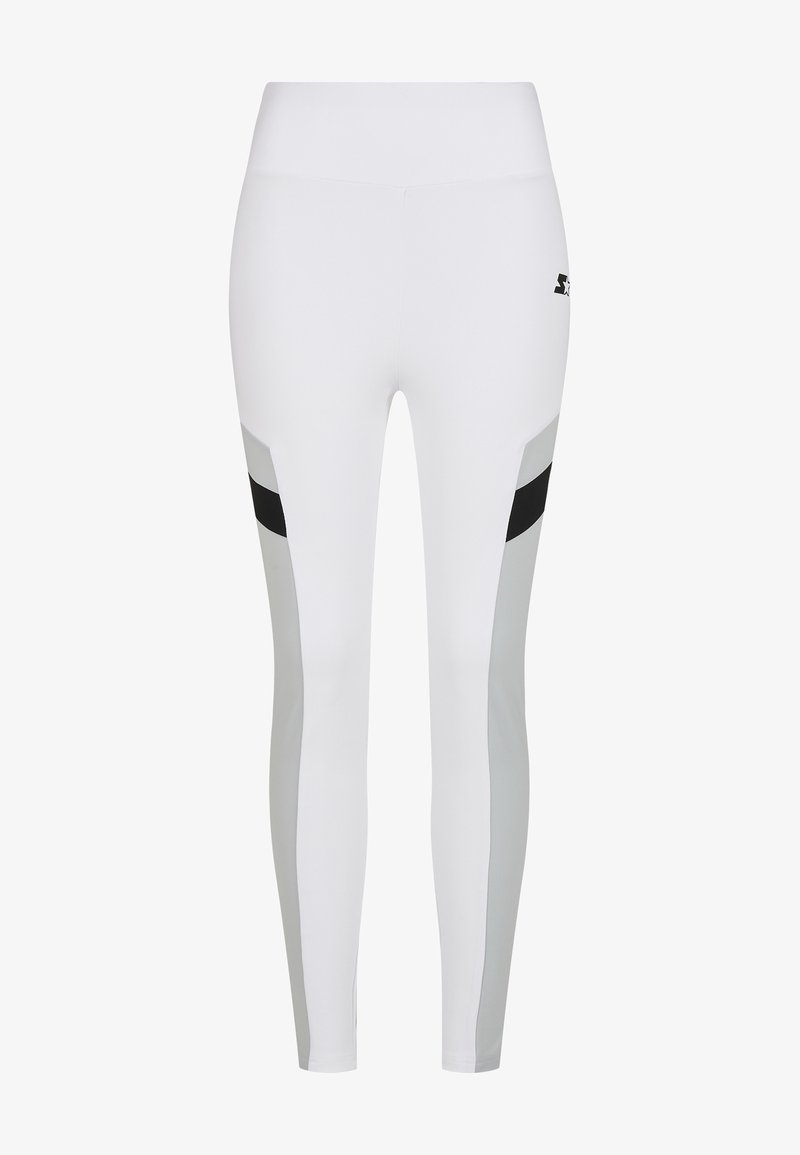 Bele hlače z sivimi in črnimi stranskimi paneli, elegantna oblikovanje in oprijet kroj. Gladka tekstura, idealna za aktivno oblačenje.