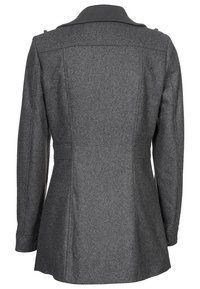 Skræddersyet grå uldblazer med ribbet krave, figursyet talje og lange ærmer. Har diskrete syninger og en glat tekstur.